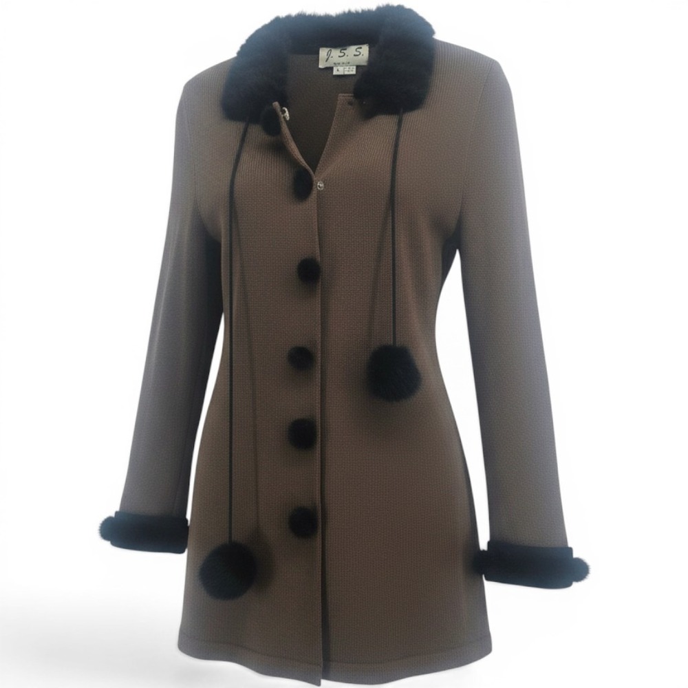 J.S.S. Cardigan Jacket Womens L Wool Blend Brown Pom Pom EUC